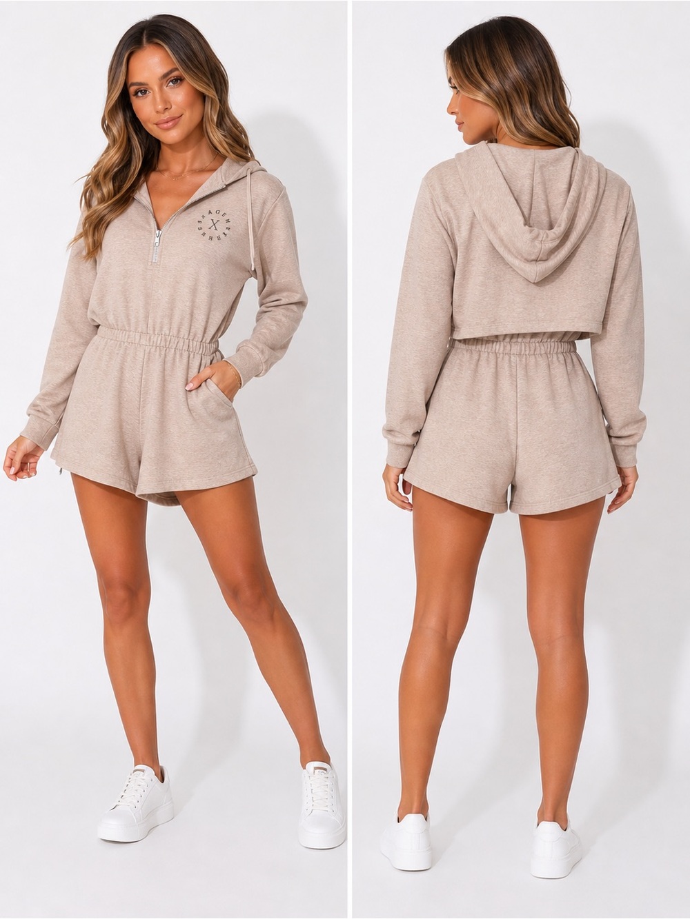 Savage X Fenty Beige Hooded Half-Zip Romper